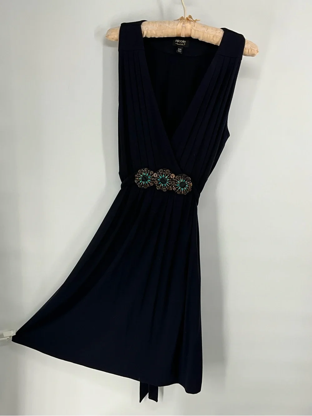 Nicole Navy V‑Neck Pleated Mini Rayon Dress with Beaded Waist M